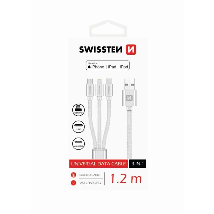 Kábel Swissten 3in1 MFi 1,2 m strieborný