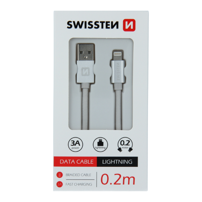 Kábel USB/Lightning (8 pin) Swissten 3.0A 0,2 m strieborný