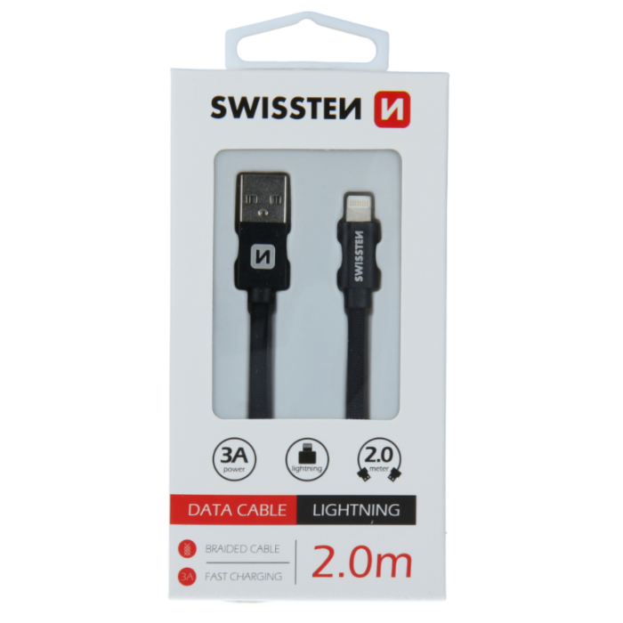 Dátový kábel opletený Swissten USB/Lightning (8 pin) 3.0A, 2.0m čierny