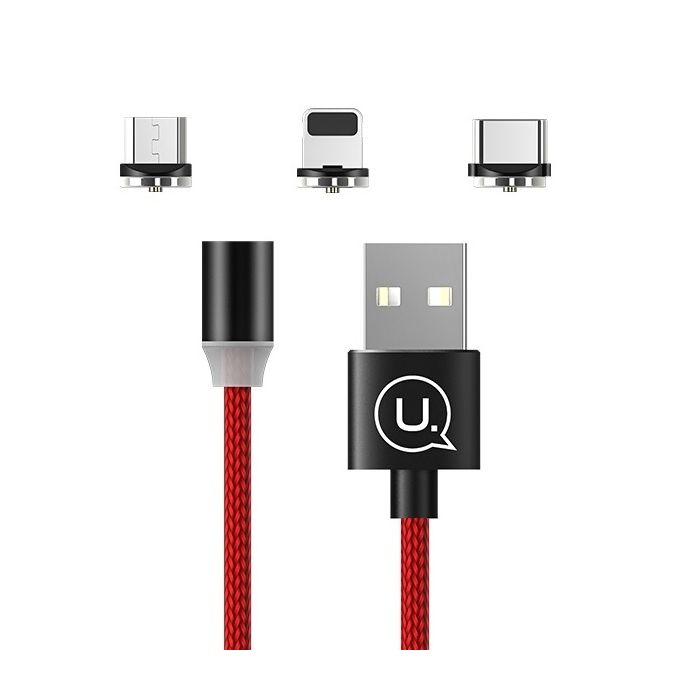 Magnetický kábel USAMS 3v1 - lightning/USB-C/microUSB červený