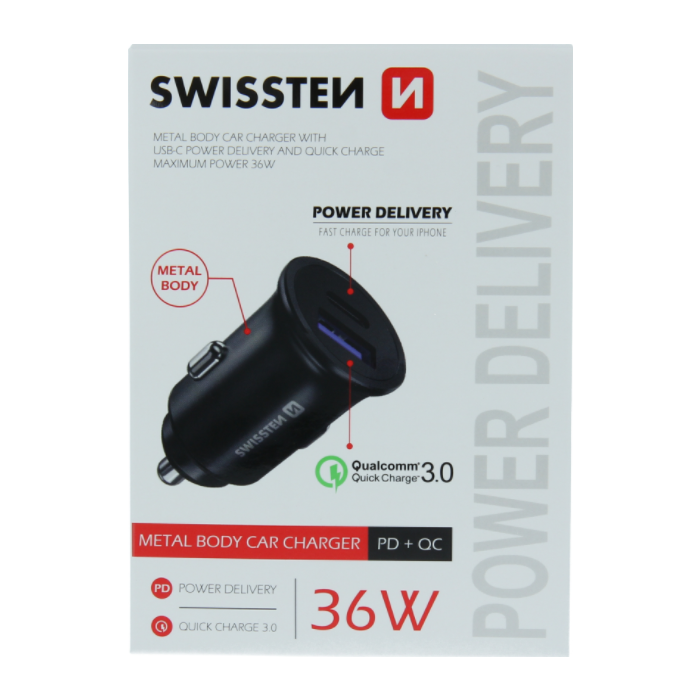 Autonabíjačka SWISSTEN USB QC 3.0 + kábel USB-C (PD iPhone) 36W čierna