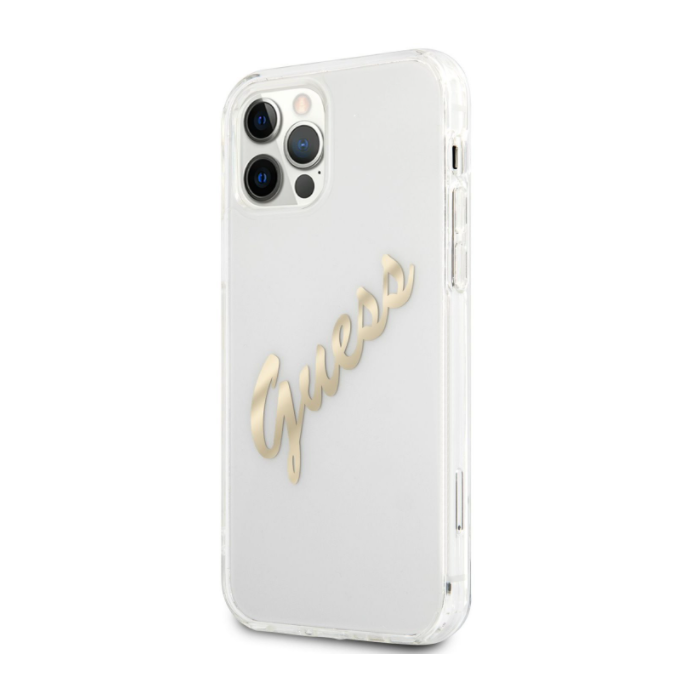 Plastové puzdro Guess na Apple iPhone 12 Pro Max GUHCP12LKTRSVGO Vintage Script Gold Logo transparentné
