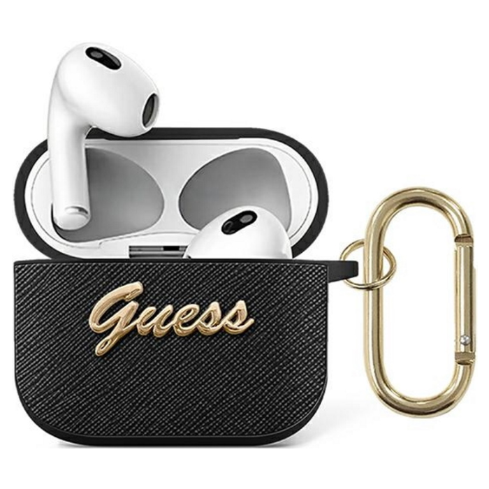 Silikónové puzdro Guess na Apple AirPods 3 GUA3SASMP 4G Saffiano PC/PU Metal Logo čierne