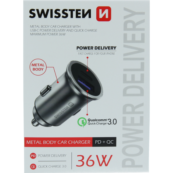 Autonabíjačka SWISSTEN USB QC 3.0 + USB-C (PD iPhone) 36W - strieborná