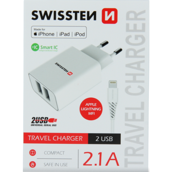 Nabíjačka Swissten SMART IC 2xUSB 2,1A POWER + kábel USB/Lightning,1.2 m biela