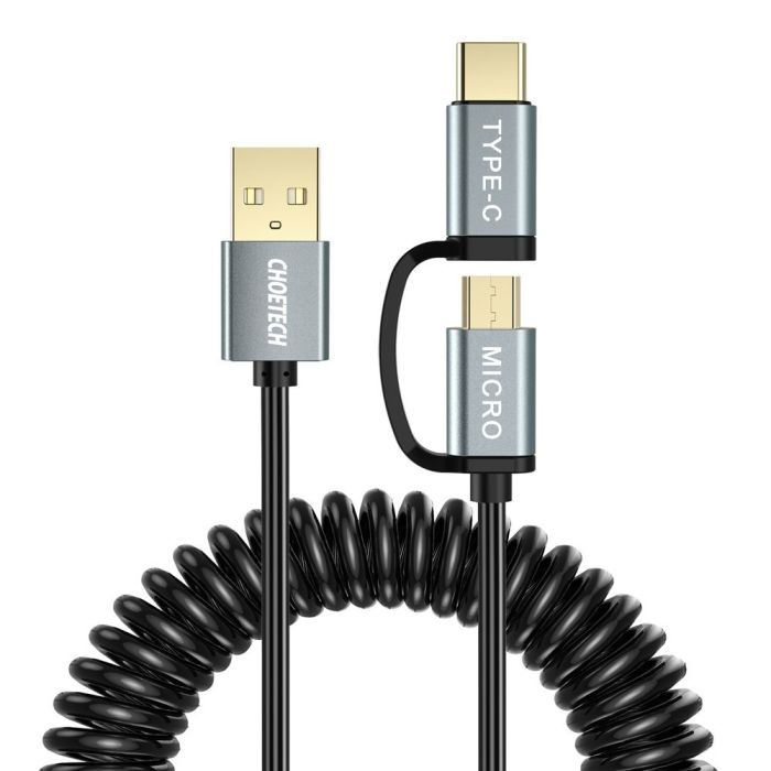 Kábel Choetech 2v1 USB a USB-C + micro USB strunový 1.2m čierny