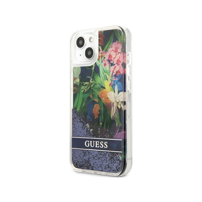 Plastové puzdro Guess na Apple iPhone 13 Pro GUHCP13LLFLSB Flower Liquid Glitter modré