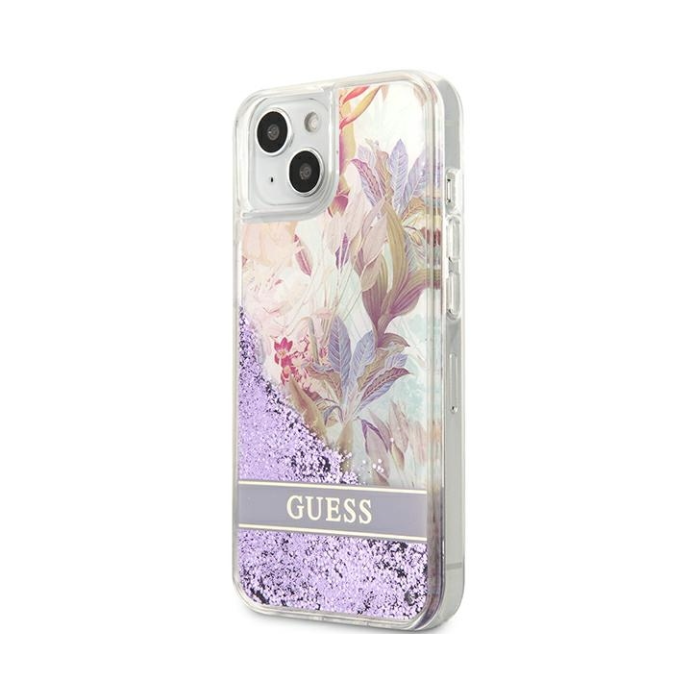 Plastové puzdro Guess na Apple iPhone 13 Mini GUHCP13SLFLSU Flower Liquid Glitter fialové