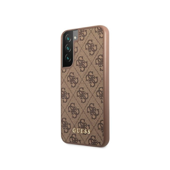 Plastové puzdro Gues na Samsung Galaxy S22 5G GUHCS22SG4GFBR Metal Gold Logo hnedé