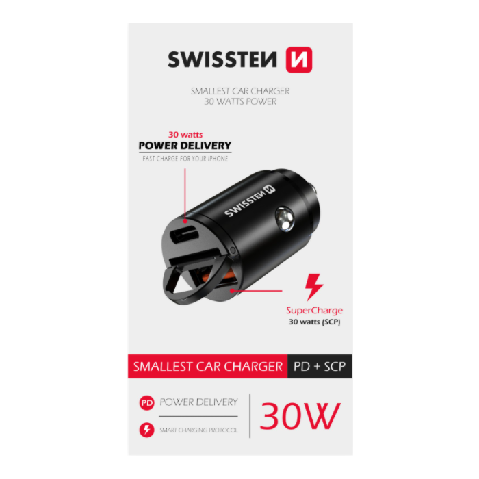 Autonabíjačka SWISSTEN 1xUSB-C 1x USB 30W Nano čierna