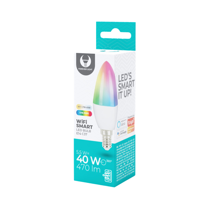 Smart žiarovka Forever LED Bulb E14 C37 5,5W RGB+CCT+DIM Tuya 470lm 230V 
