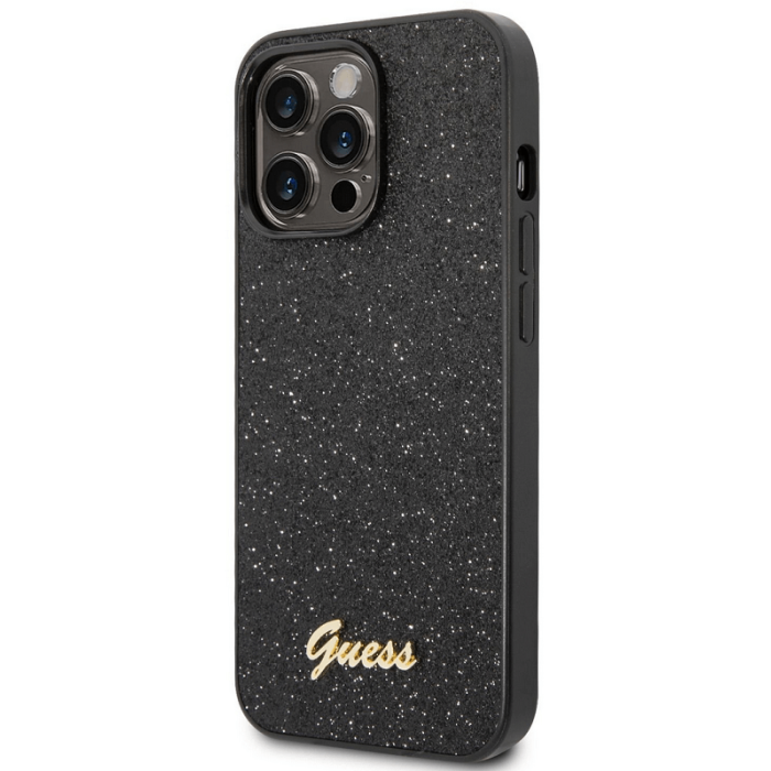 Kryt na Apple iPhone 14 Pro Max Guess Glitter Flakes Metal Logo GUHCP14XHGGSHK čierne