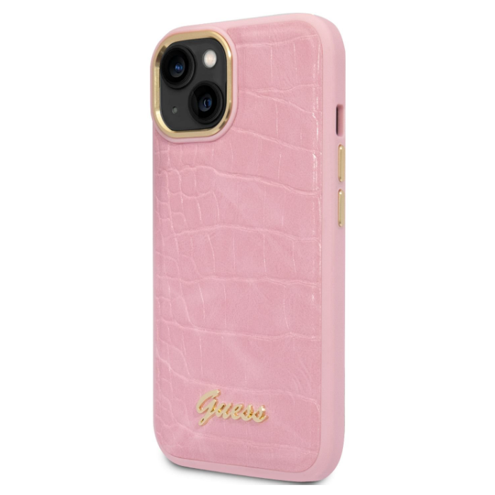 Plastové puzdro Guess na Apple iPhone 14 GUHCP14SHGCRHP PU Croco Metal Camera Outline ružové