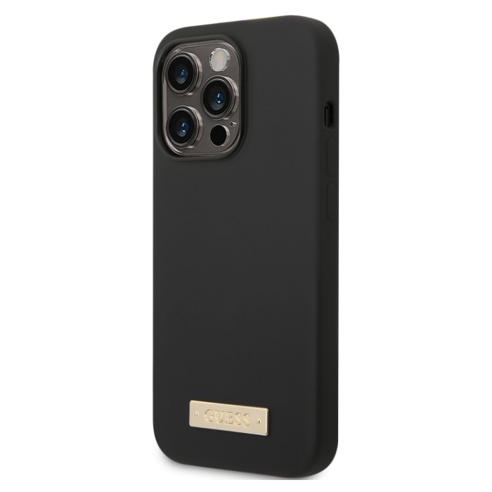 Silikónové puzdro Guess na Apple iPhone 14 Pro GUHMP14LSBPLK Silicone Metal Logo MagSafe čierne