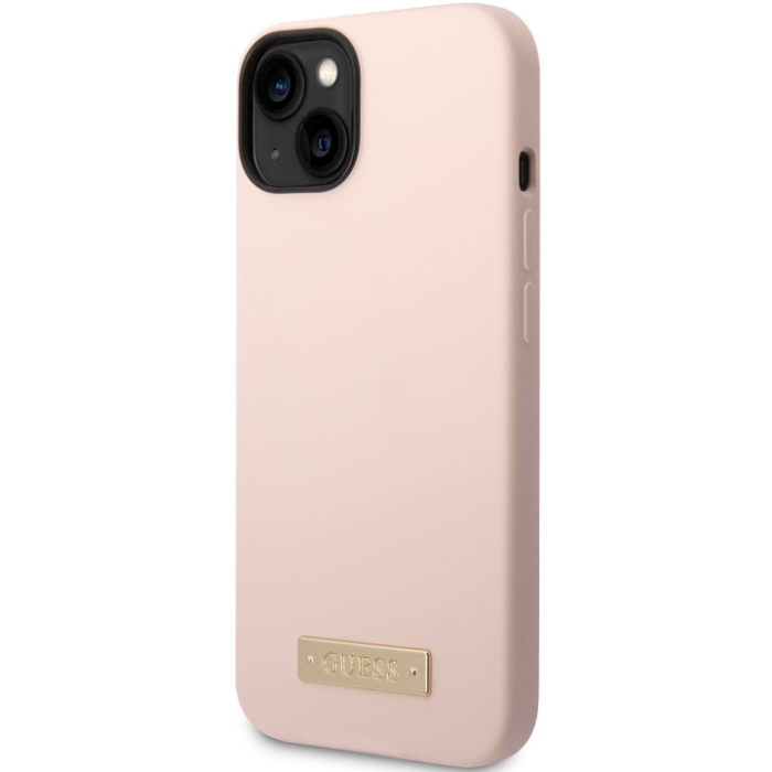 Silikónové puzdro Guess na Apple iPhone 14 Plus GUHMP14MSBPLP Silicone Metal Logo MagSafe ružové