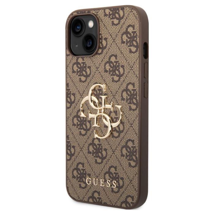 Plastové puzdro Guess na Apple iPhone 14 GUHCP14S4GMGBR 4G Metal Logo hnedé