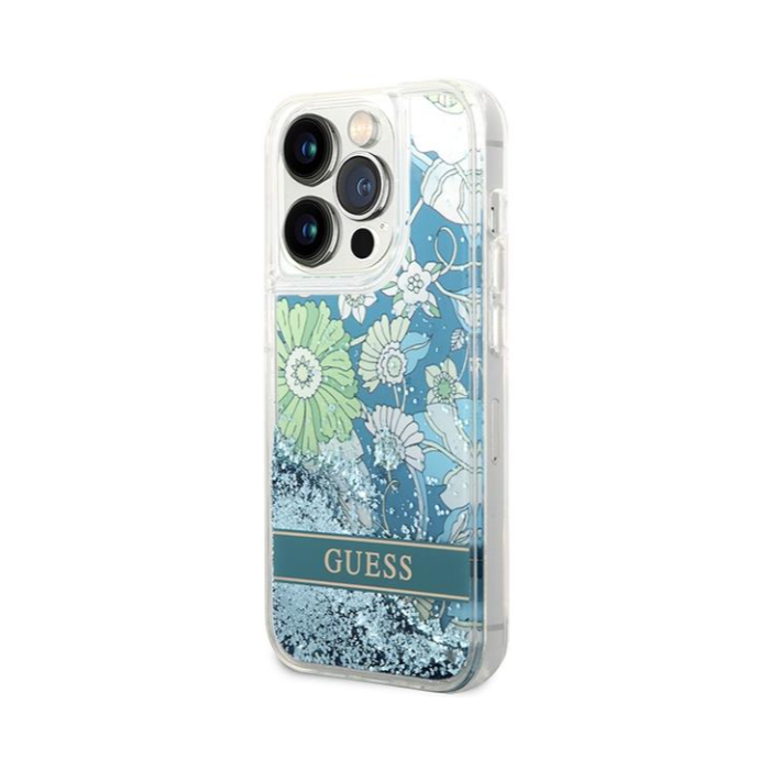 Plastové puzdro Guess na Apple iPhone 14 Pro GUHCP14LLFLSN Liquide Glitter Flower zelené
