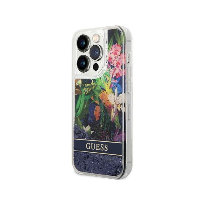 Plastové puzdro Guess na Apple iPhone 14 Pro GUHCP14LLFLSB Flower Liquid Glitter modré
