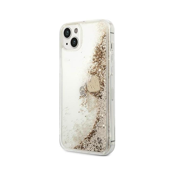 Plastové puzdro Guess na Apple iPhone 14 GUOHCP14SGLHFLGO Liquide Glitter Charms zlaté