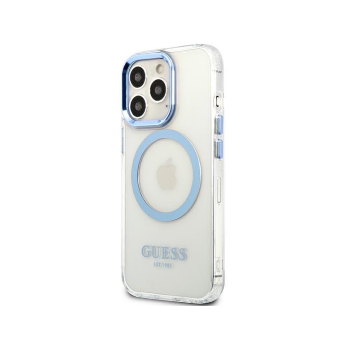 Plastové puzdro Guess na Apple iPhone 13 Pro GUHMP13LHTRMB Metal Outline Magsafe modré
