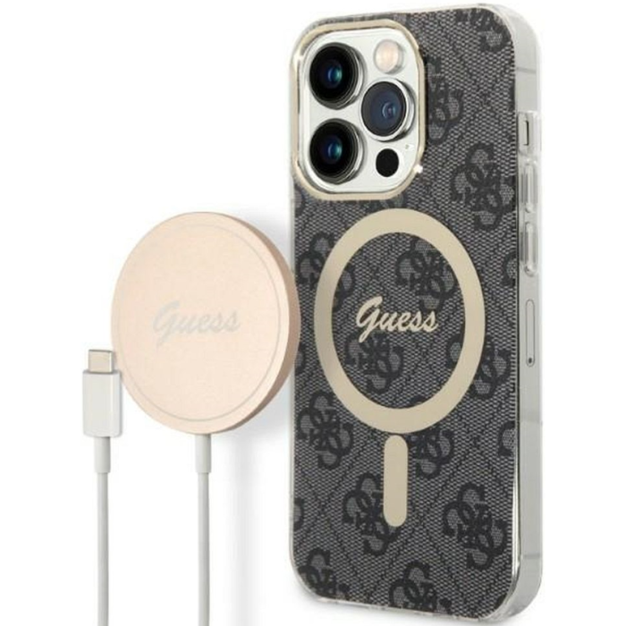 Set plastové puzdro a nabíjačka Guess na Apple iPhone 14 Pro Max GUBPP14XH4EACSK Magsafe 4G zlato-čierna