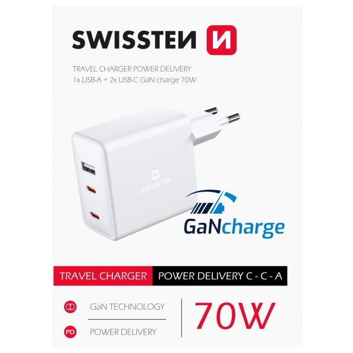 Sieťová nabíjačka Swissten GaN 2x USB-C + 1xUSB 70W, biela