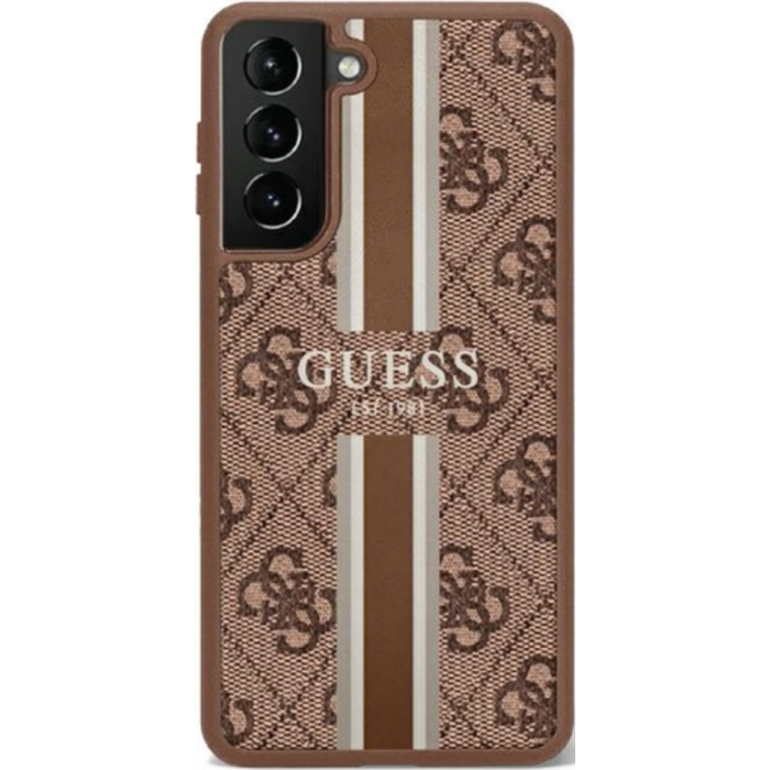 Plastové puzdro Guess na Samsung Galaxy S23 5G S911 GUHCS23SP4RPSW 4G Printed Stripe hnedé