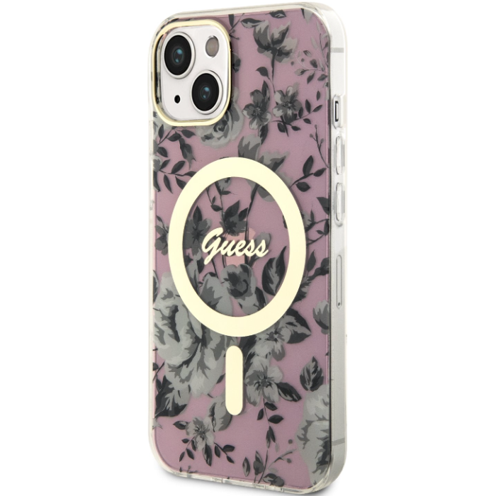 Plastové puzdro Guess na Apple iPhone 14 GUHMP14SHCFWSP Flowers IML MagSafe ružové