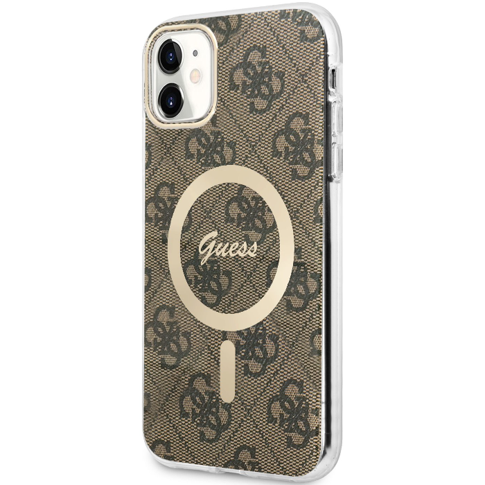 Plastové puzdro Guess na Apple iPhone 11 GUHMN61H4STW 4G IML MagSafe hnedé
