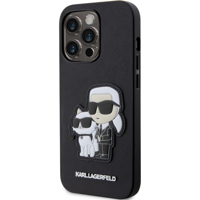 Plastové puzdro Karl Lagerfeld na Apple iPhone 14 Pro KLHCP14LSANKCPK Saffiano Karl and Choupette NFT čierne