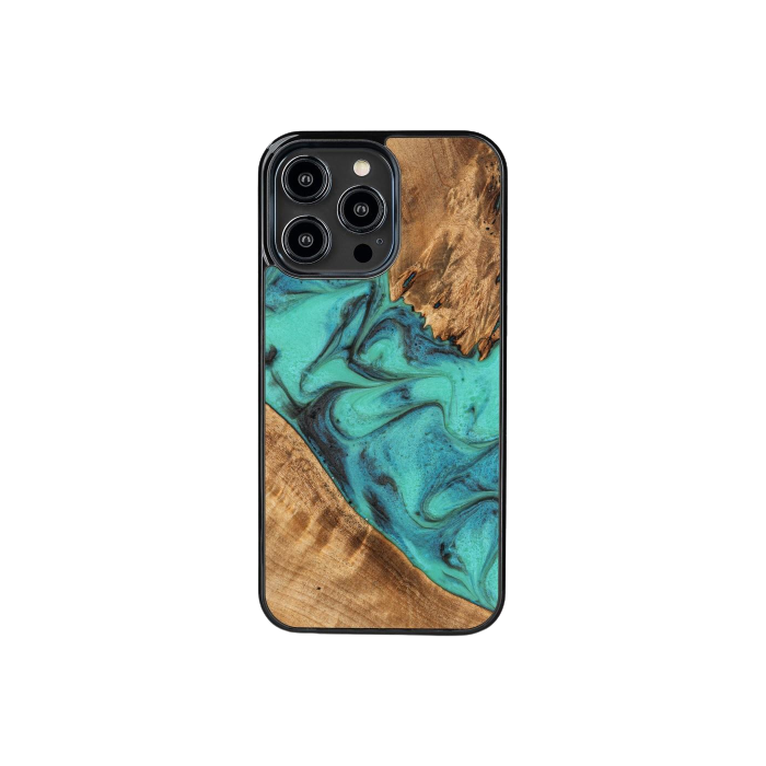 Drevené puzdro na Apple iPhone 14 Pro Max Bewood Unique Turquoise Wood and Resin tyrkysovo-čierne
