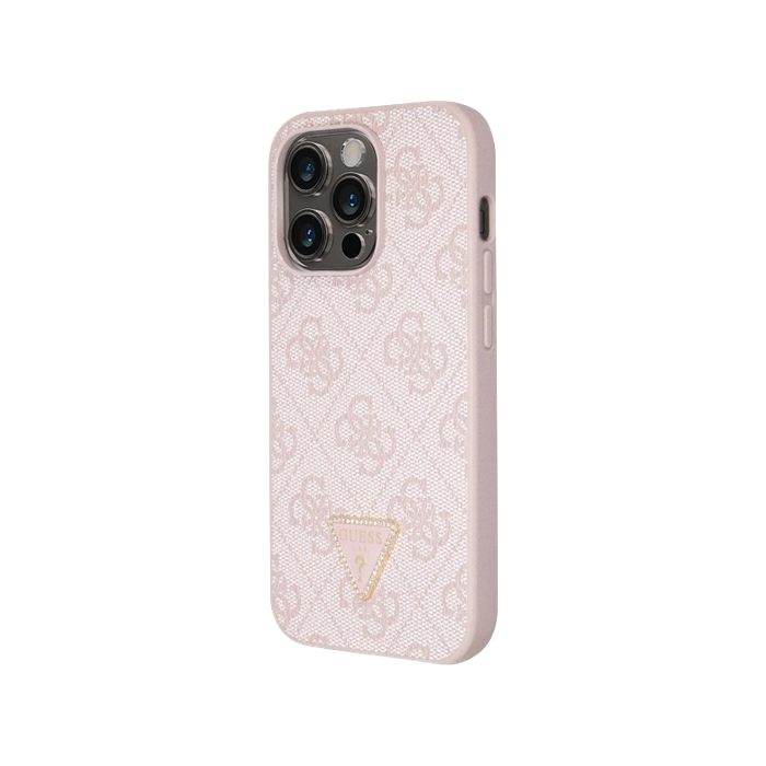 Plastové puzdro Guess na Apple iPhone 15 Pro GUHCP15LP4TDPP PU 4G Strass Triangle Metal Logo ružové