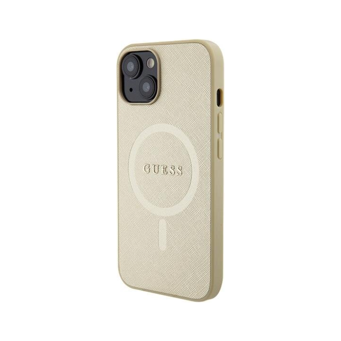 Plastové puzdro Guess na Apple iPhone 15 GUHMP15SSPSAHMCB Saffiano MagSafe béžové