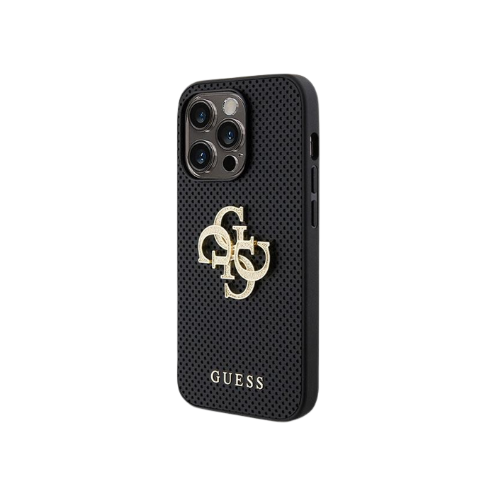 Plastové puzdro Guess na Apple iPhone 15 GUHCP15SPSP4LGK Leather Perforated 4G Glitter Logo čierne