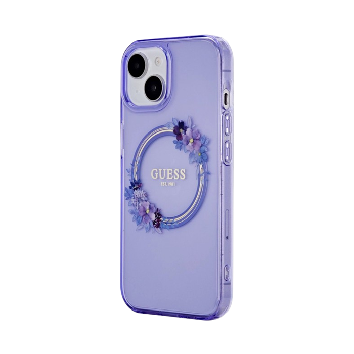 Plastové puzdro Guess na Apple iPhone 15 GUHMP15SHFWFCU Flowers Ring Glossy Logo MagSafe fialové