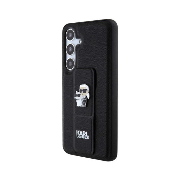 Plastové puzdro Karl Lagerfeld na Samsung Galaxy S24+ 5G S926 KLHCS24MGSAKCPK Saffiano Grip Stand Metal Logo čierne