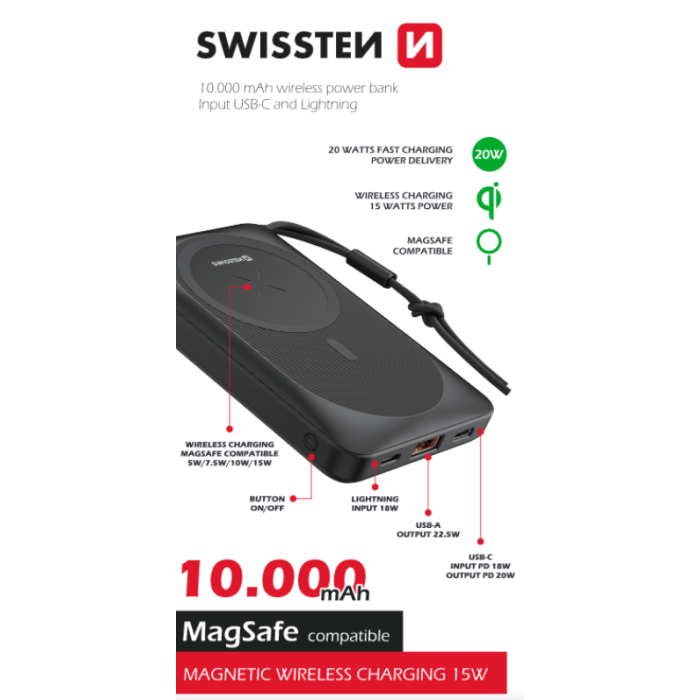 SWISSTEN PowerBank, 10000mAh, MagSafe, čierna
