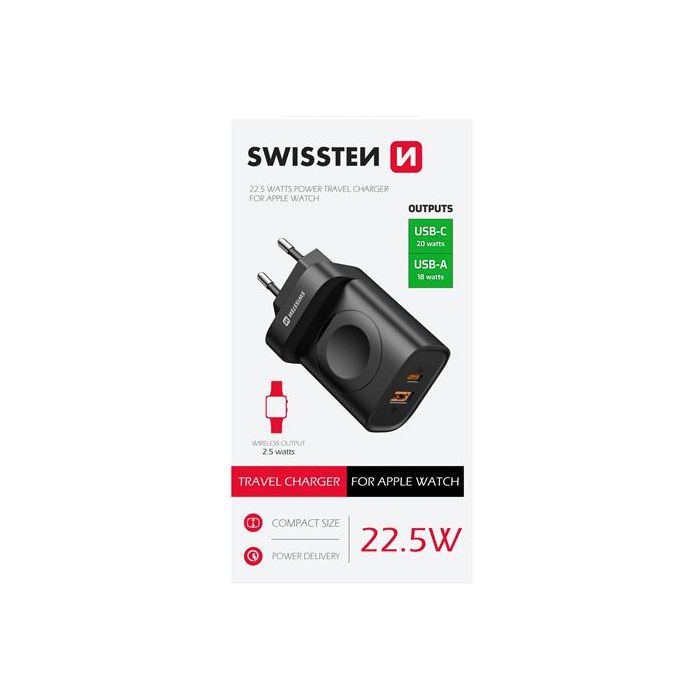 SWISSTEN Travel Charger, 1xUSB-A, 1xUSB-C a Apple Watch, 22.5W, sieťová nabíjačka, čierna