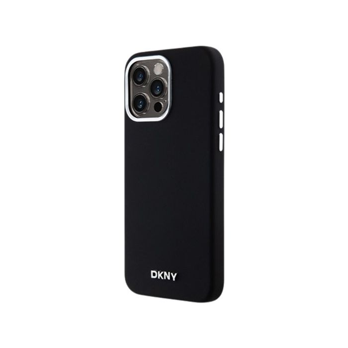 DKNY Liquid Silicone Silver Metal Logo MagSafe Apple iPhone 15 Pro Max DKHMP15XSMCHLK Black