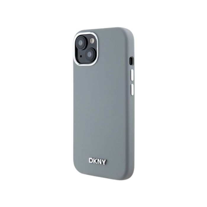 DKNY Liquid Silicone Silver Metal Logo MagSafe Apple iPhone 15 DKHMP15SSMCHLG Grey