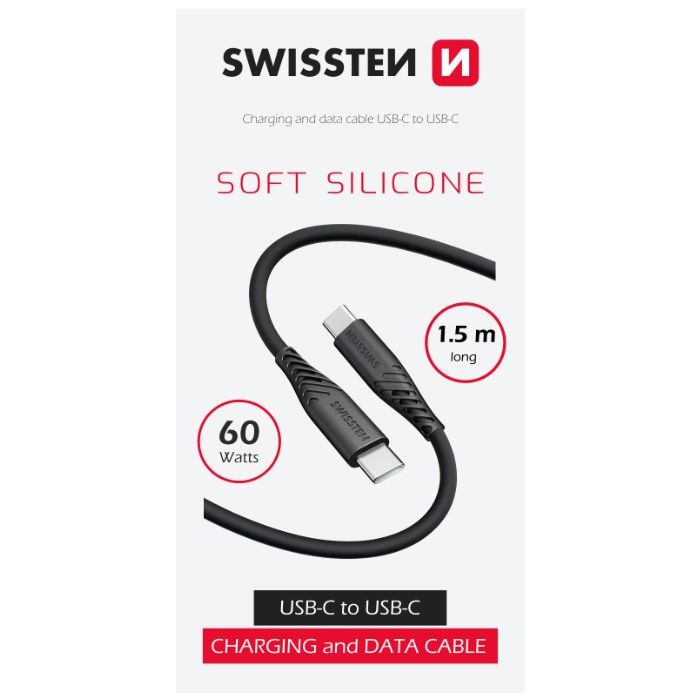 SWISSTEN SOFT SILICONE, USB-C na USB-C, 1.5m, 60W, čierrny