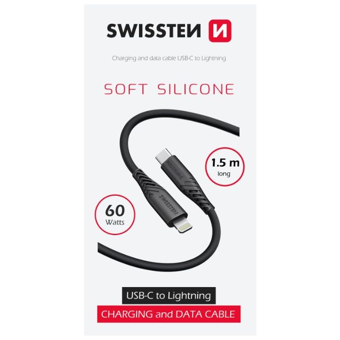 SWISSTEN SOFT SILICONE, USB-C na Lightning, 1.5m, 60W, čierrny