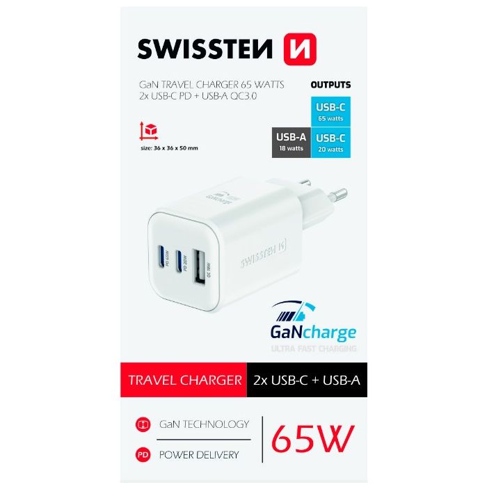 SWISSTEN GaN Travel Charger 2xUSB-C 65W PD + 1xUSB-A 18W QC biela
