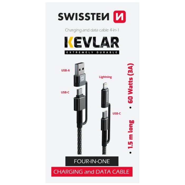 SWISSTEN KEVLAR 4in1 3A 60W 1,5m antracit