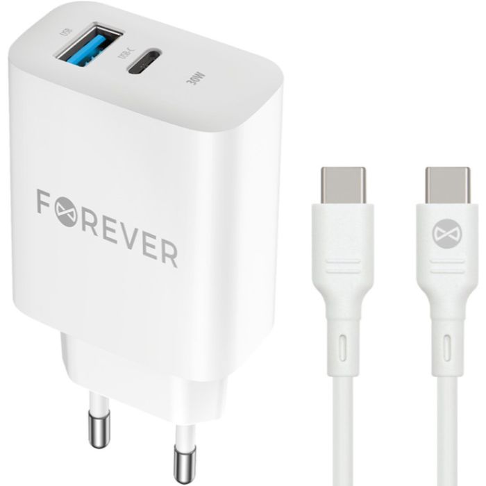 Forever TC-07 PD QC charger 1xUSB-C 1xUSB-A 30W white + USB-C - USB-C cable 60W