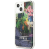 Plastové puzdro Guess na Apple iPhone 13 Pro GUHCP13LLFLSB Flower Liquid Glitter modré