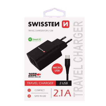 Sieťový adaptér Swissten Smart IC 2x USB 2,1 + dátový kábel USB/micro USB 1,2 m čierny 