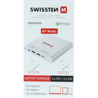 Sieťový Adaptér Swissten 87W, 2xUSB-C Power Delivery + 2xUSB QC. 3.0