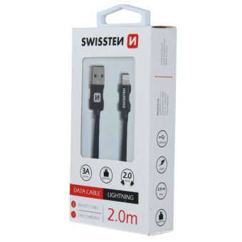 Dátový kábel opletený Swissten USB/Lightning (8 pin) 3.0A, 2.0m čierny