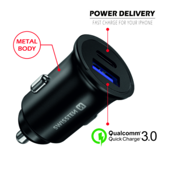 Autonabíjačka SWISSTEN USB QC 3.0 + kábel USB-C (PD iPhone) 36W čierna